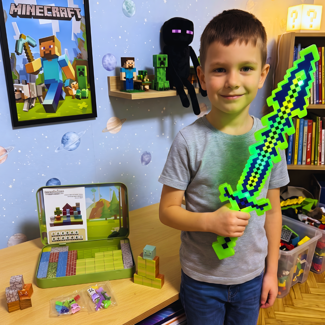 Minecraft Set – 60 Kockica + 2 Figurice + Svetleći Mač 🧲🎮