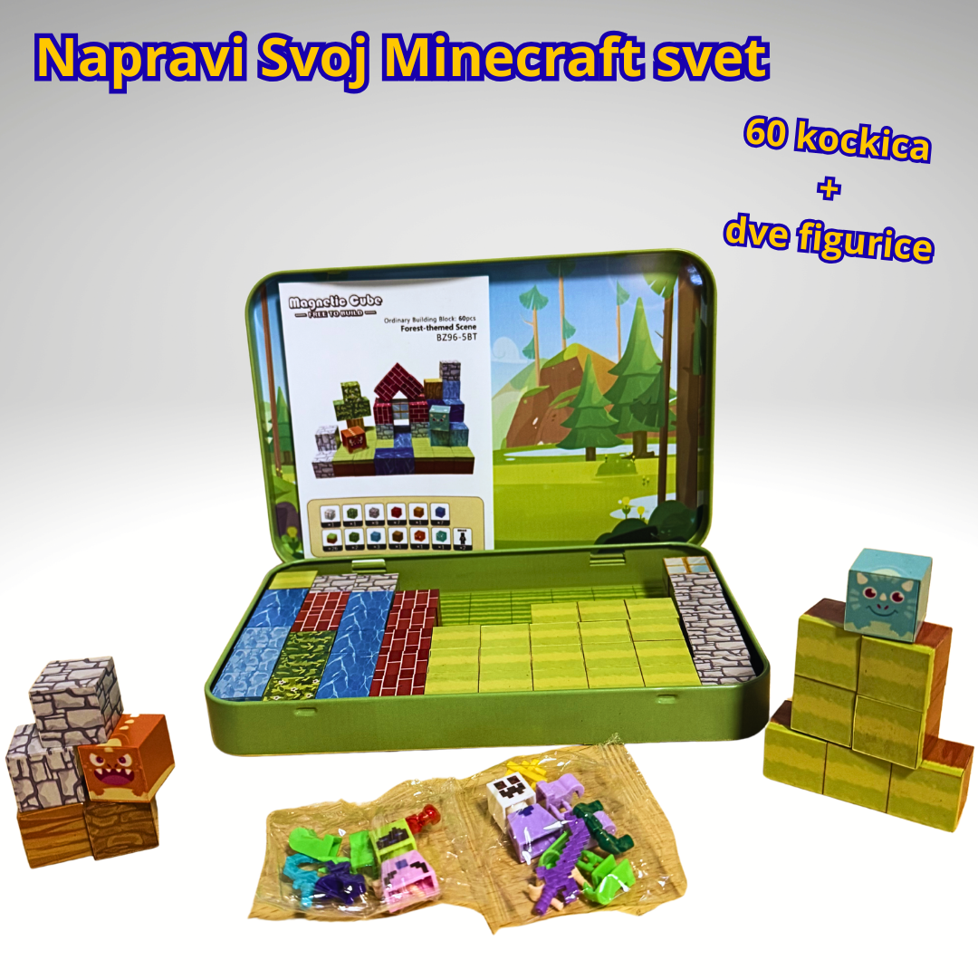 Minecraft Magnetne Kocke + 12 Figurica – Kreativni Set  🧲⚔️