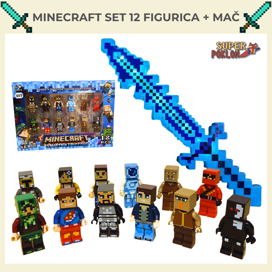 Minecraft Set – 12 Figurica + Svetleći Mač 🧱✨