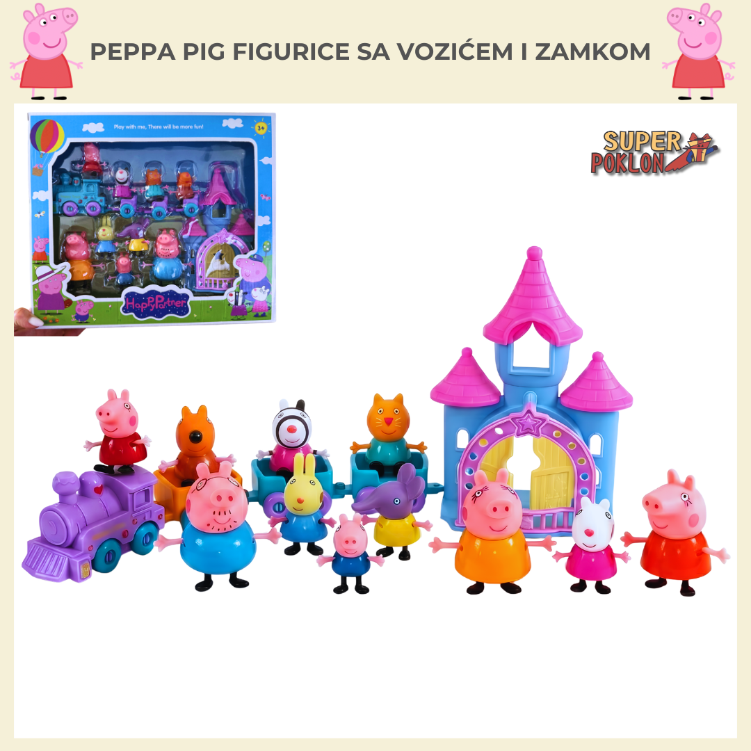 Peppa Pig Figurice+ Vozić i Dvorac – Set Figurica za Decu 🏰✨