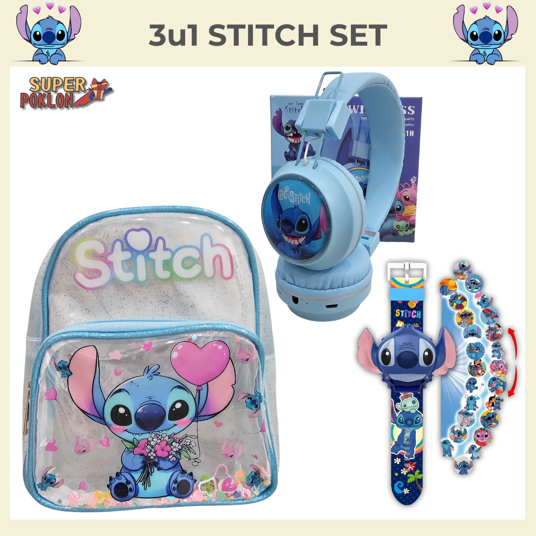 3u1 Stitch Set – Ranac + Slušalice + Dečiji Sat