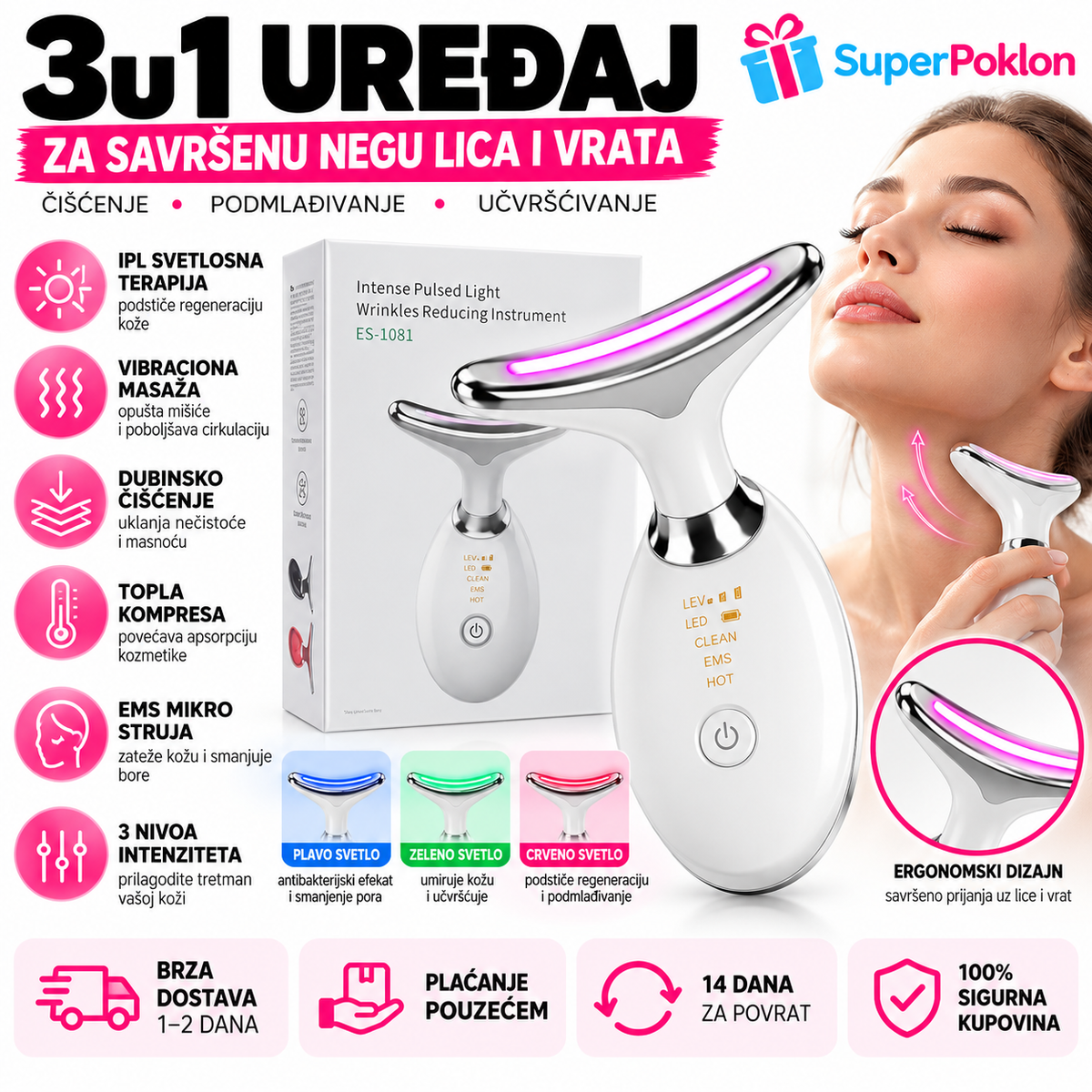 Funkcije uređaja ES-1081: LED svetlo, vibraciona masaža, čišćenje, topla kompresa, EMS i 3 nivoa intenziteta