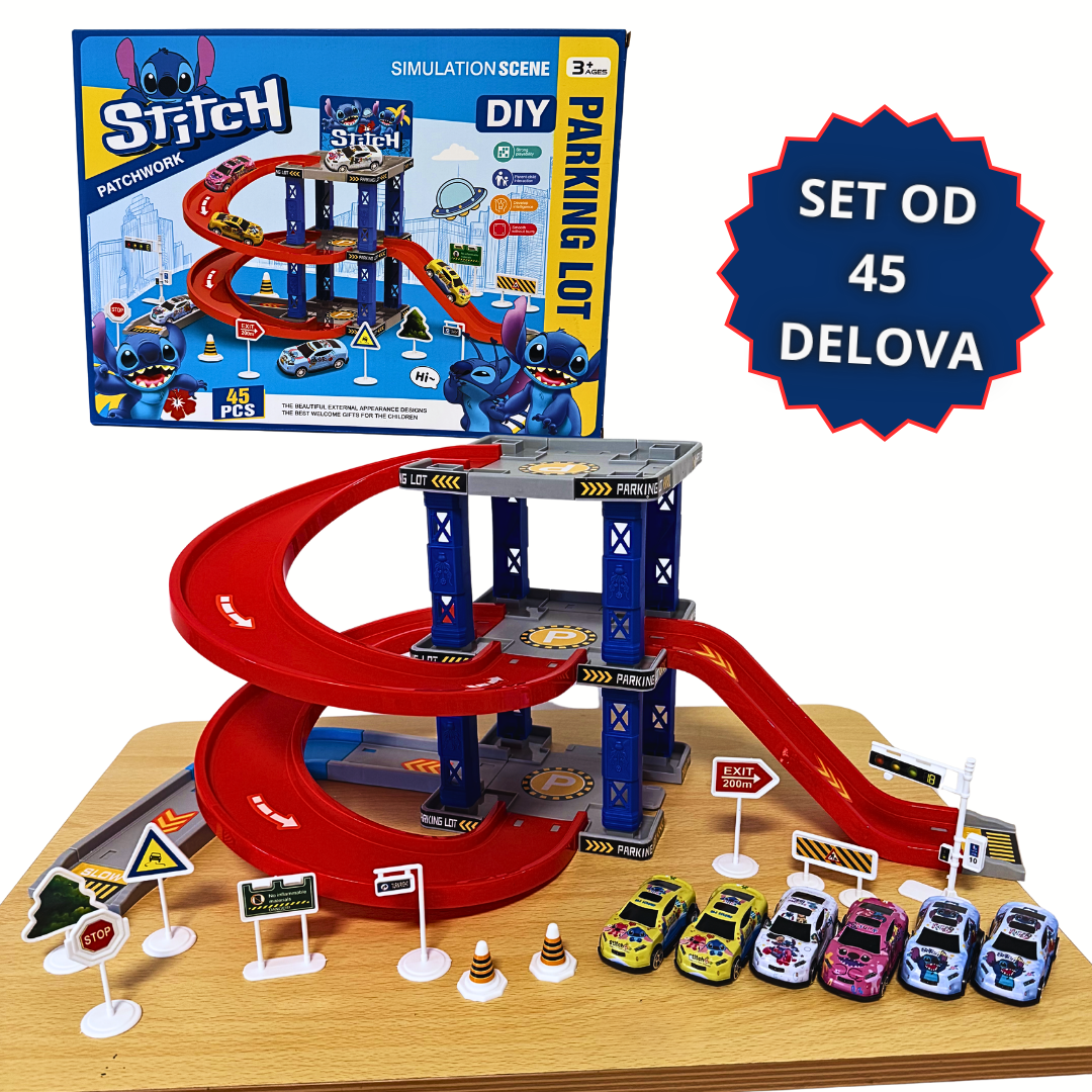 Stitch Parking Garaža – Set od 45 Delova sa 6 Autića