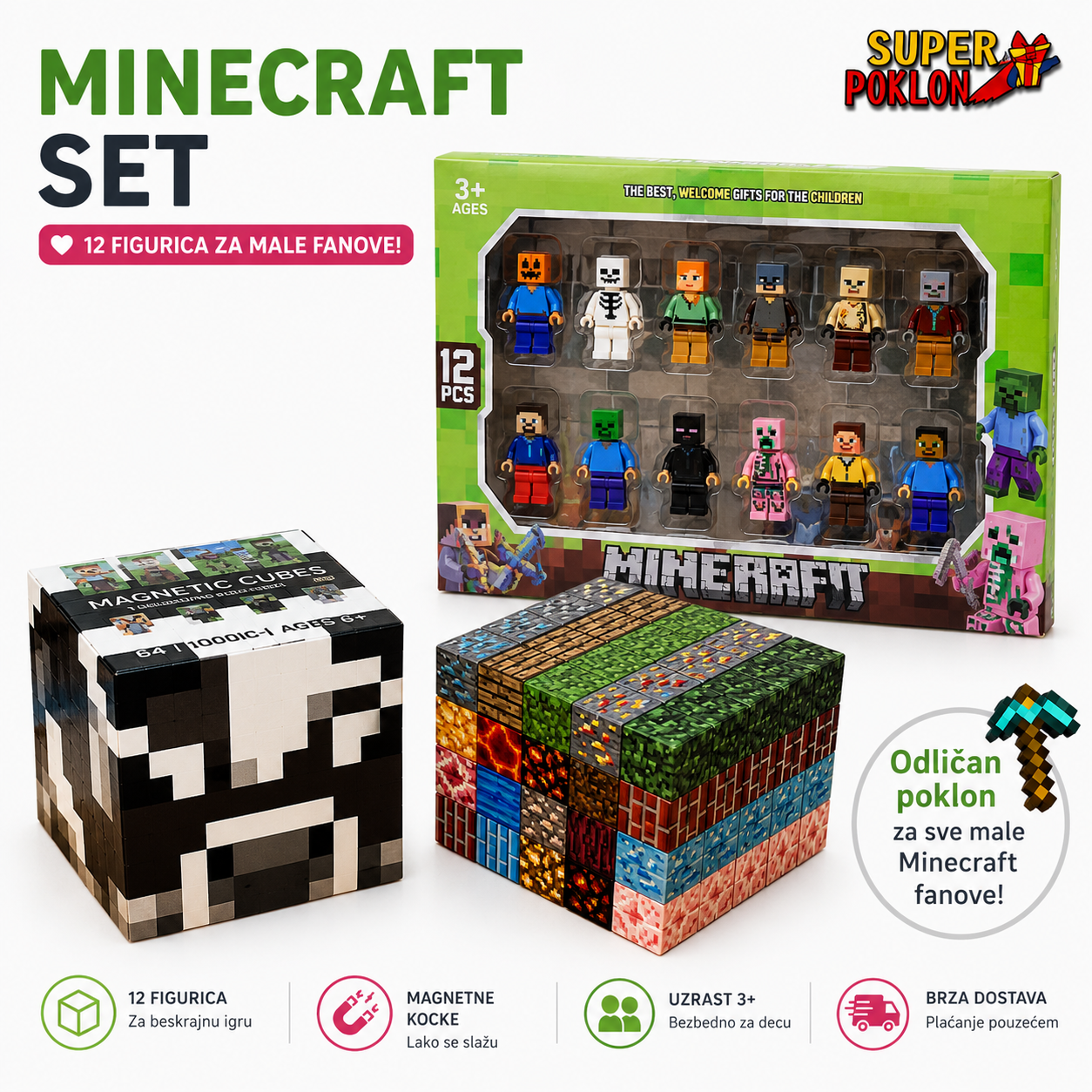 Minecraft Magnetni Set – Kockice i Figurice 🧲