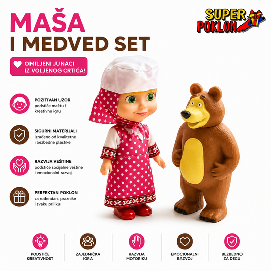 Maša i Medved – Set Lutka 18 cm + Figura Mede 15 cm