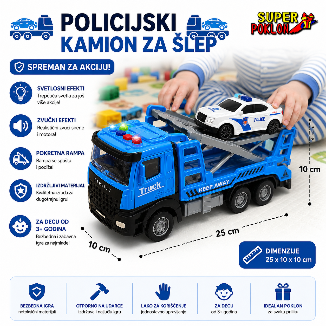 Šlep Kamion sa Policijskim Autom – Svetleći i Muzički Set 🚓🚨