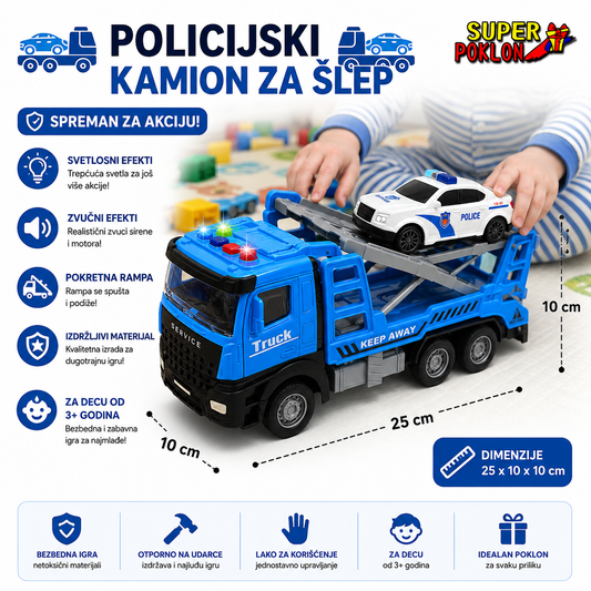 Šlep Kamion sa Policijskim Autom – Svetleći i Muzički Set 🚓🚨
