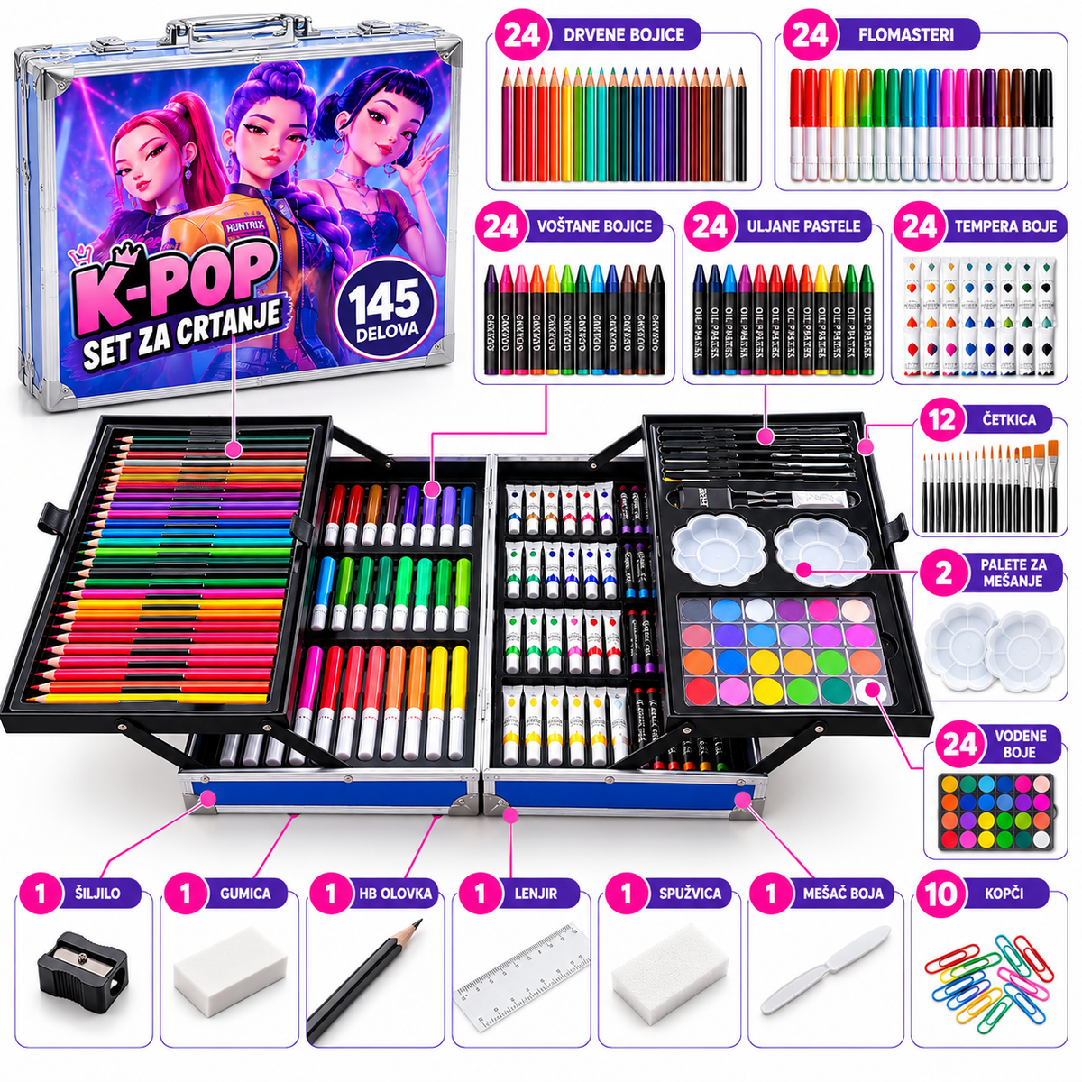 Sadržaj K-Pop seta za crtanje – plavi kofer