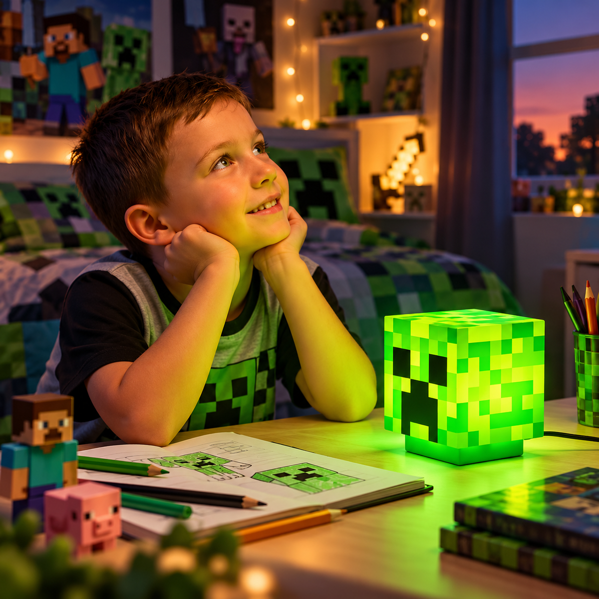 Upaljena Creeper lampa na stolu u Minecraft tematskoj sobi