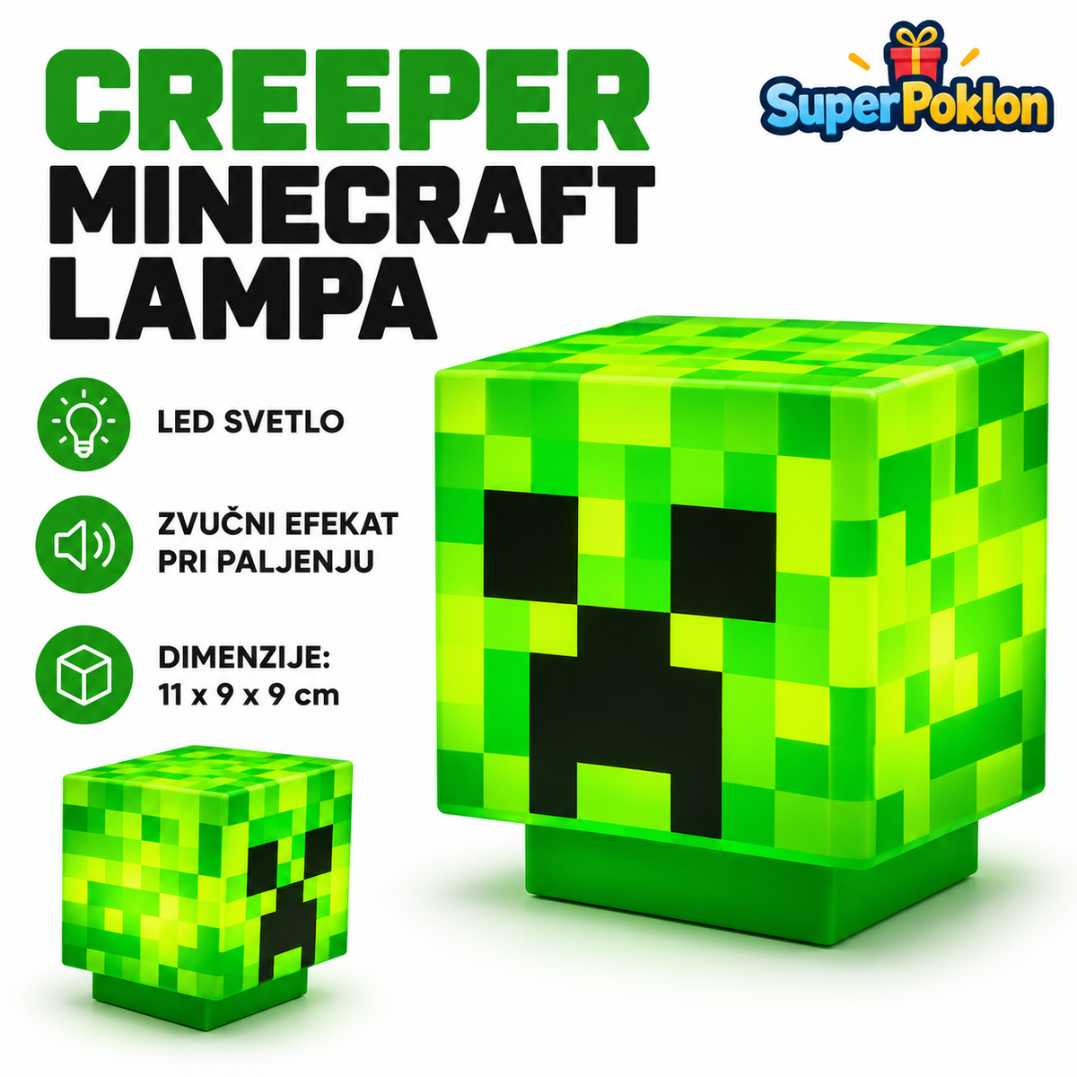 Zelena Creeper Minecraft LED lampa sa piksel dizajnom i zvučnim efektom pri paljenju