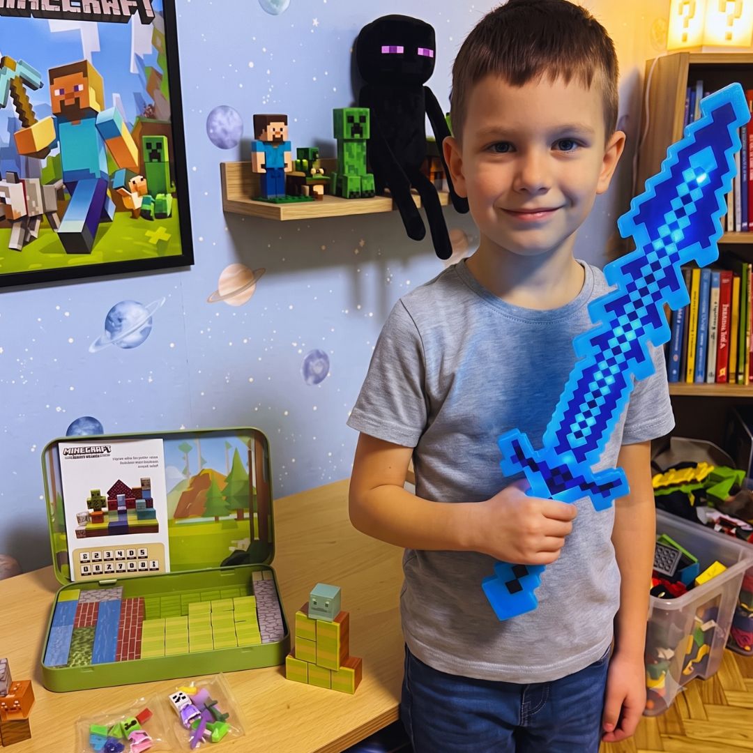Minecraft Set – 60 Kockica + 2 Figurice + Svetleći Mač 🧲🎮