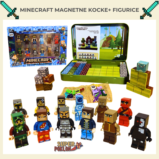 Minecraft Magnetne Kocke + 12 Figurica – Kreativni Set  🧲⚔️