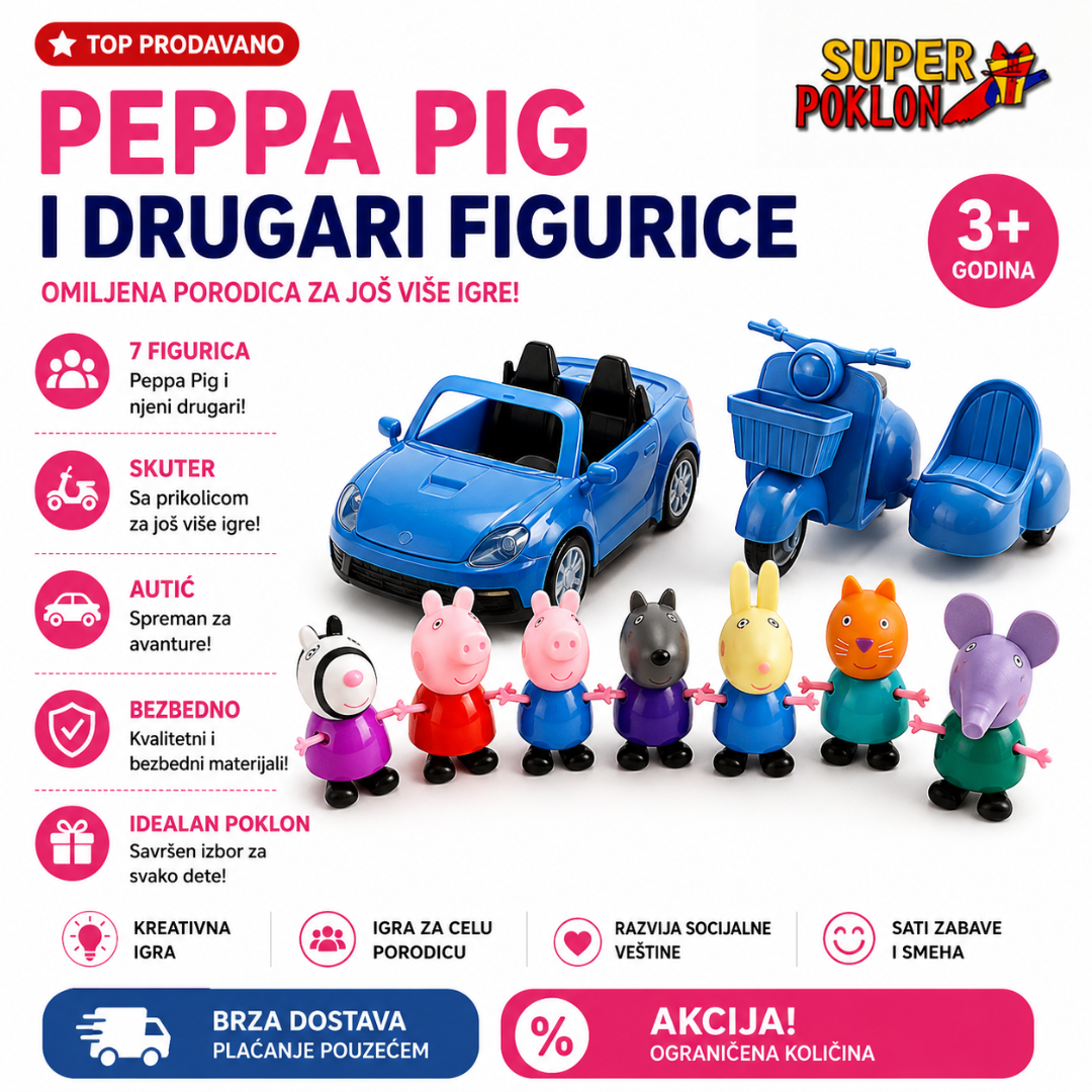 Peppa Pig Set 9u1 – 7 Figurica + Kabriolet + Skuter sa Prikolicom