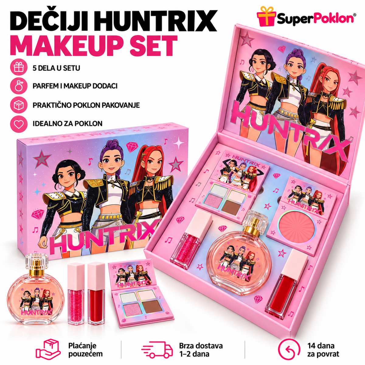 HUNTRIX set šminke od pet delova sa parfemom i paletama u roze poklon kutiji
