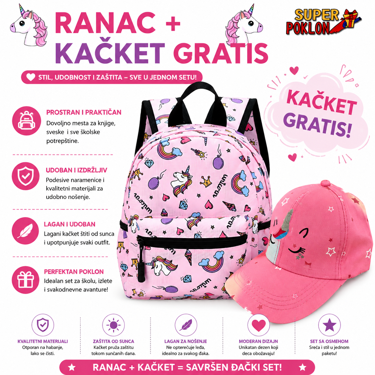 Jednorog Ranac + Kačket - Šarene Fantazije! 🦄🎒