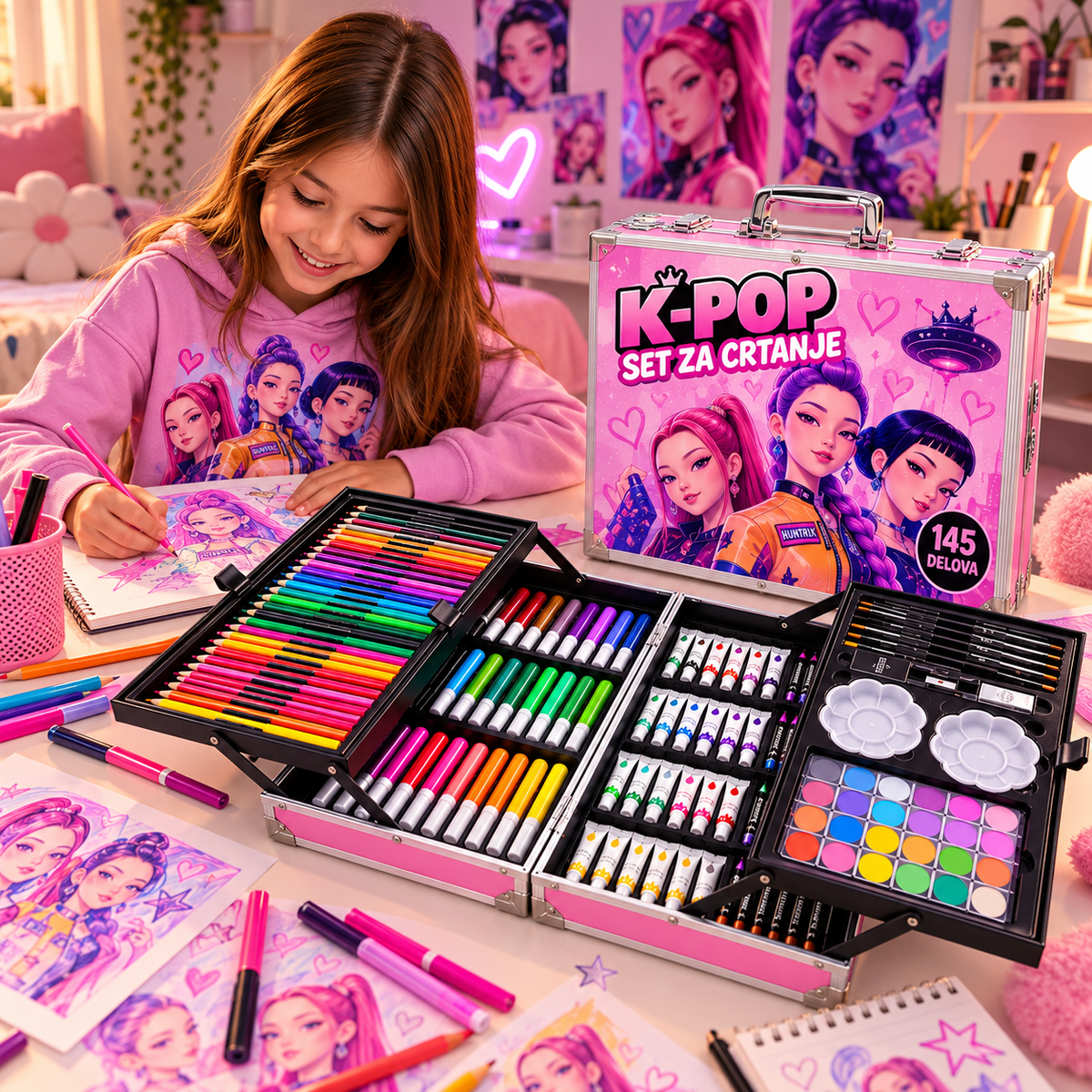 Devojčica crta uz K-Pop set – roze kofer