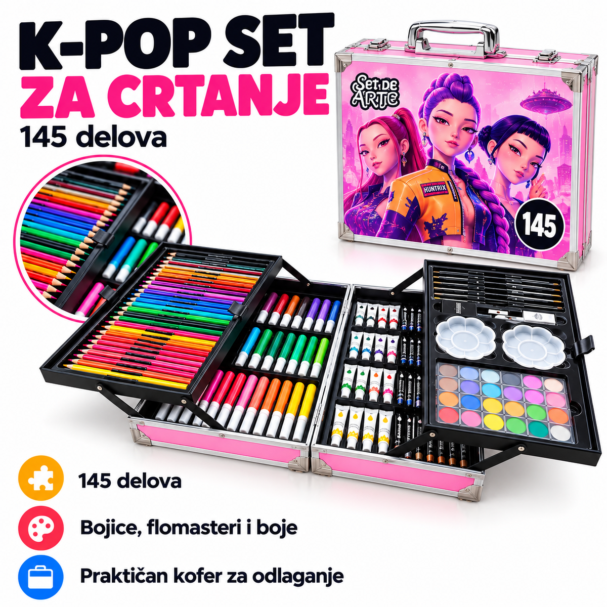 K-Pop set za crtanje 145 delova – MODEL 1, roze kofer