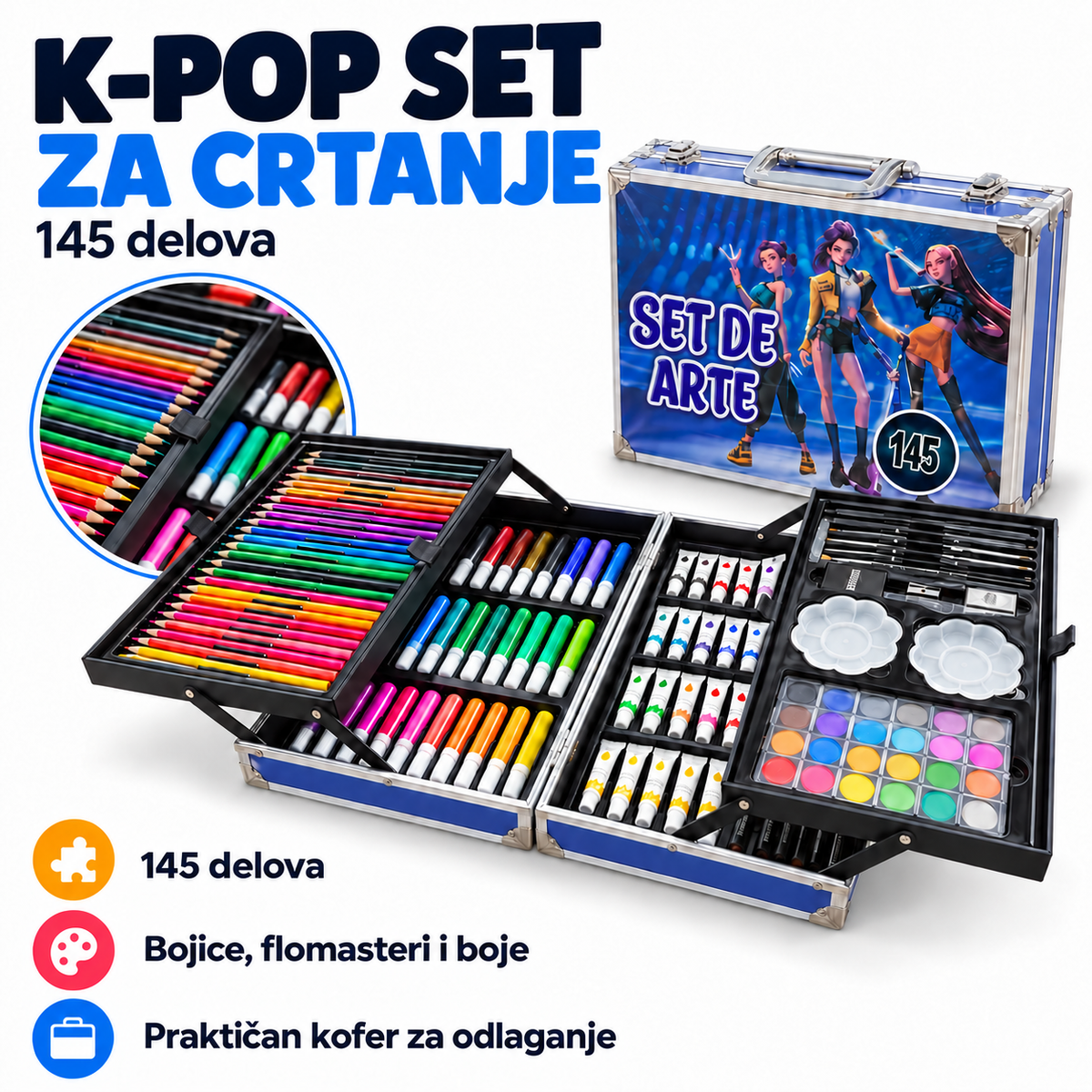 K-Pop set za crtanje 145 delova – MODEL 2, plavi kofer