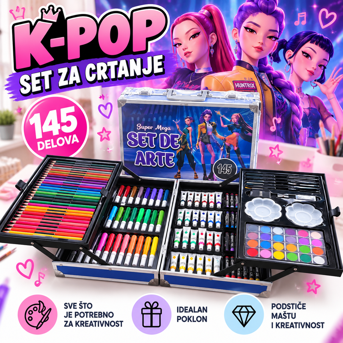 K-Pop set za crtanje 145 delova – plavi kofer