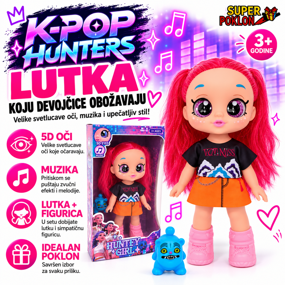 K-Pop Hunters lutka sa roze kosom, narandžastom suknjom i plavom figuricom