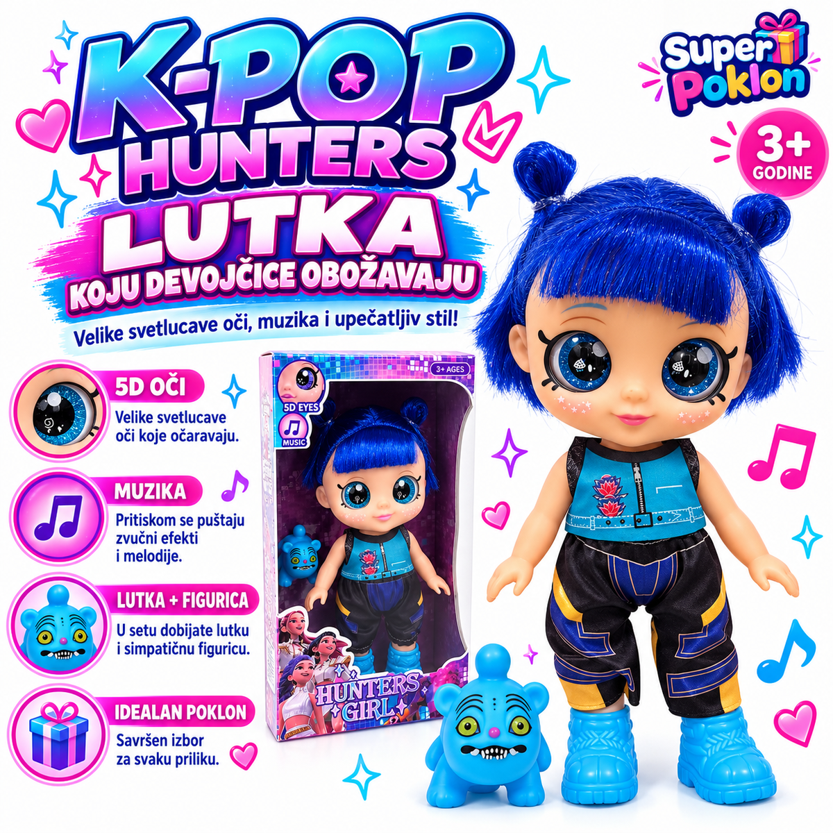 K-Pop Hunters lutka sa plavom kosom i plavim čizmama u setu sa figuricom