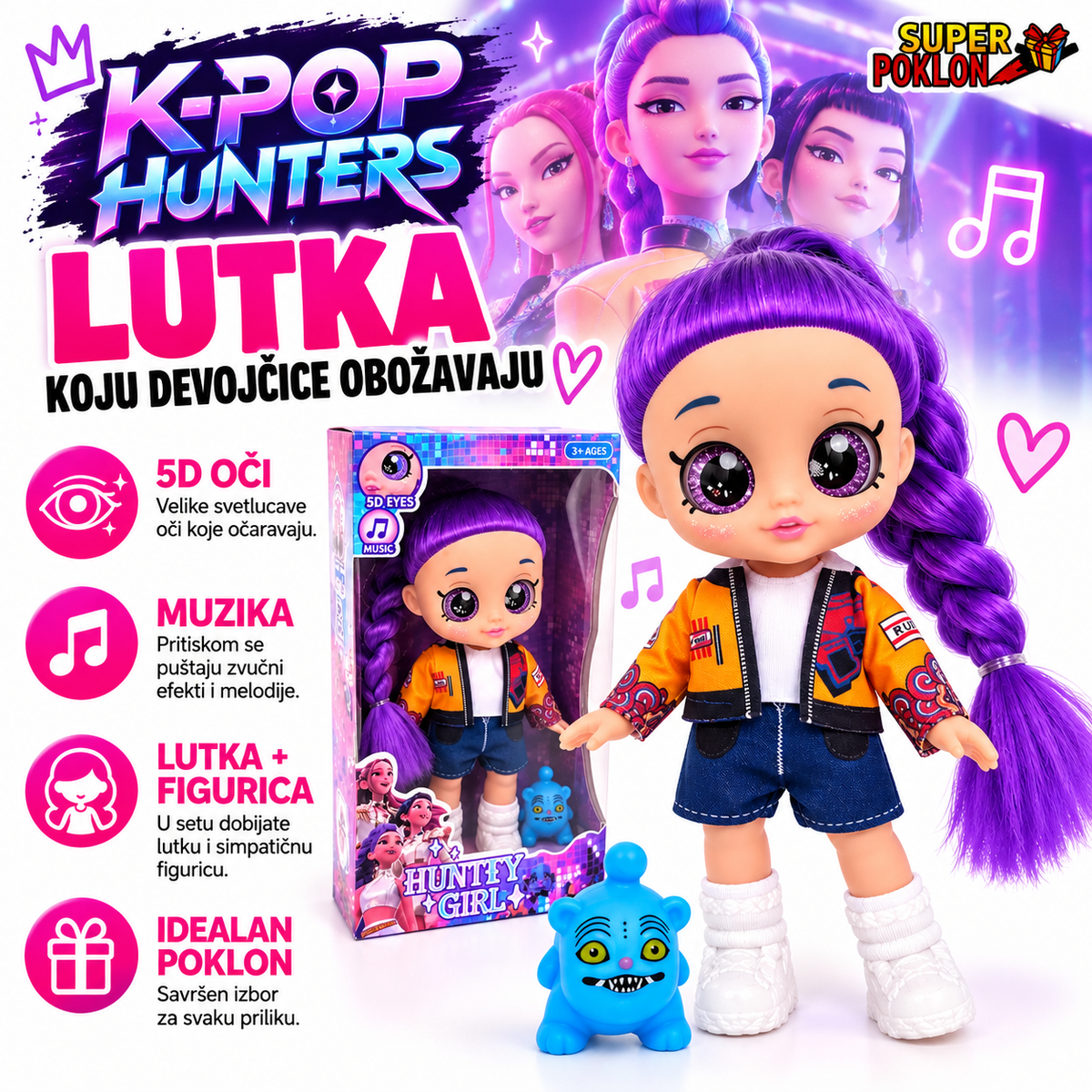 K-Pop Hunters lutka sa ljubičastom pletenicom, žutom jaknom i plavom figuricom