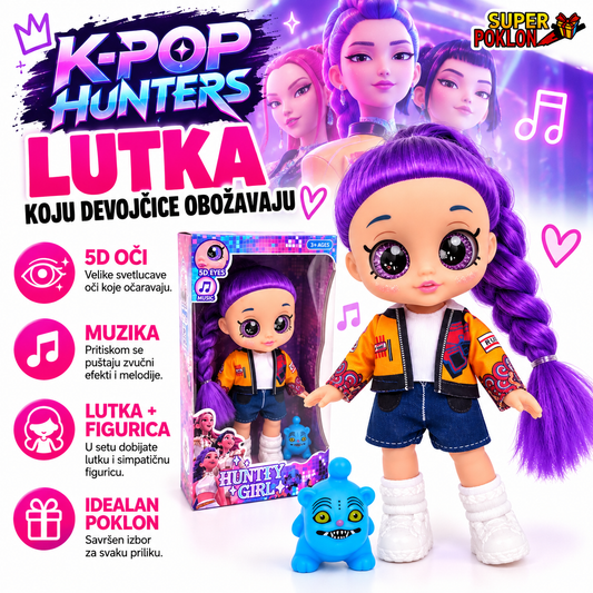 K-Pop Hunters lutka sa ljubičastom pletenicom, žutom jaknom i plavom figuricom