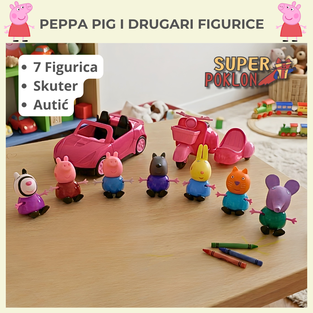 Peppa Pig Set 9u1 – 7 Figurica + Kabriolet + Skuter sa Prikolicom