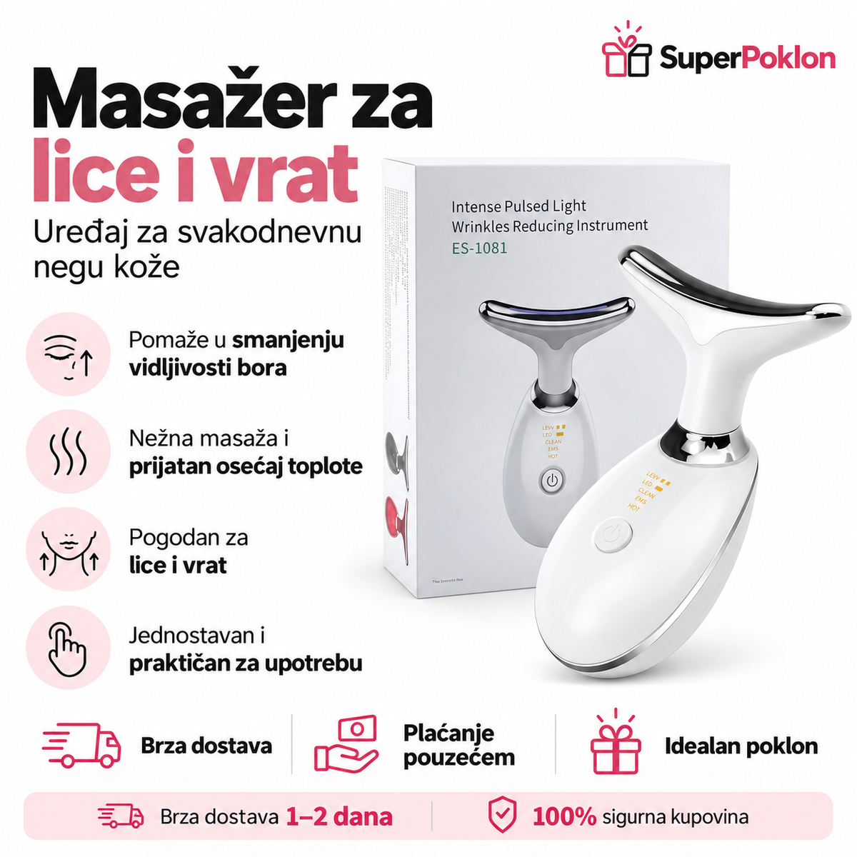 Uređaj za negu lica i vrata ES-1081 sa kutijom – LED, EMS, toplota i čišćenje