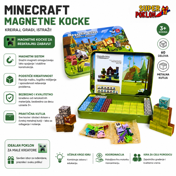 Minecraft Magnetne Kocke – 60 Kockica + 2 Figurice