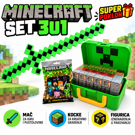 Minecraft Set 3U1 – Magnetene kocke, Mač i Kesica Iznenađenja 🎁⛏️