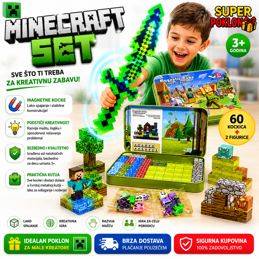 Minecraft Set – 60 Kockica + 2 Figurice + Svetleći Mač 🧲🎮