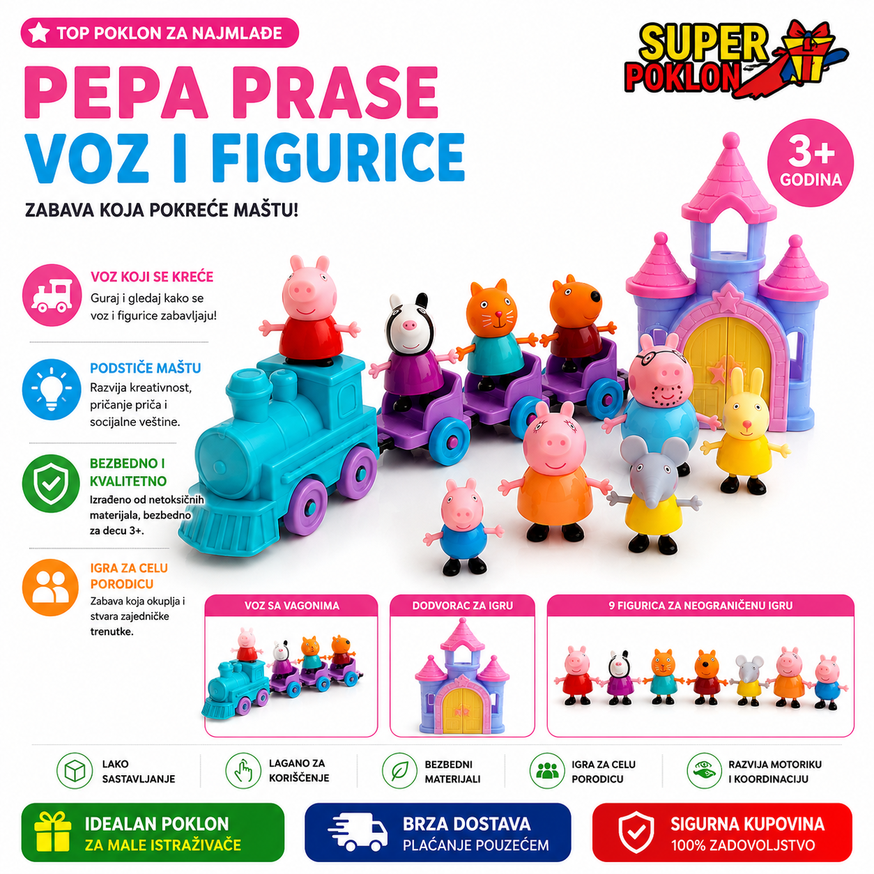 Peppa Pig Figurice+ Vozić i Dvorac – Set Figurica za Decu 🏰✨