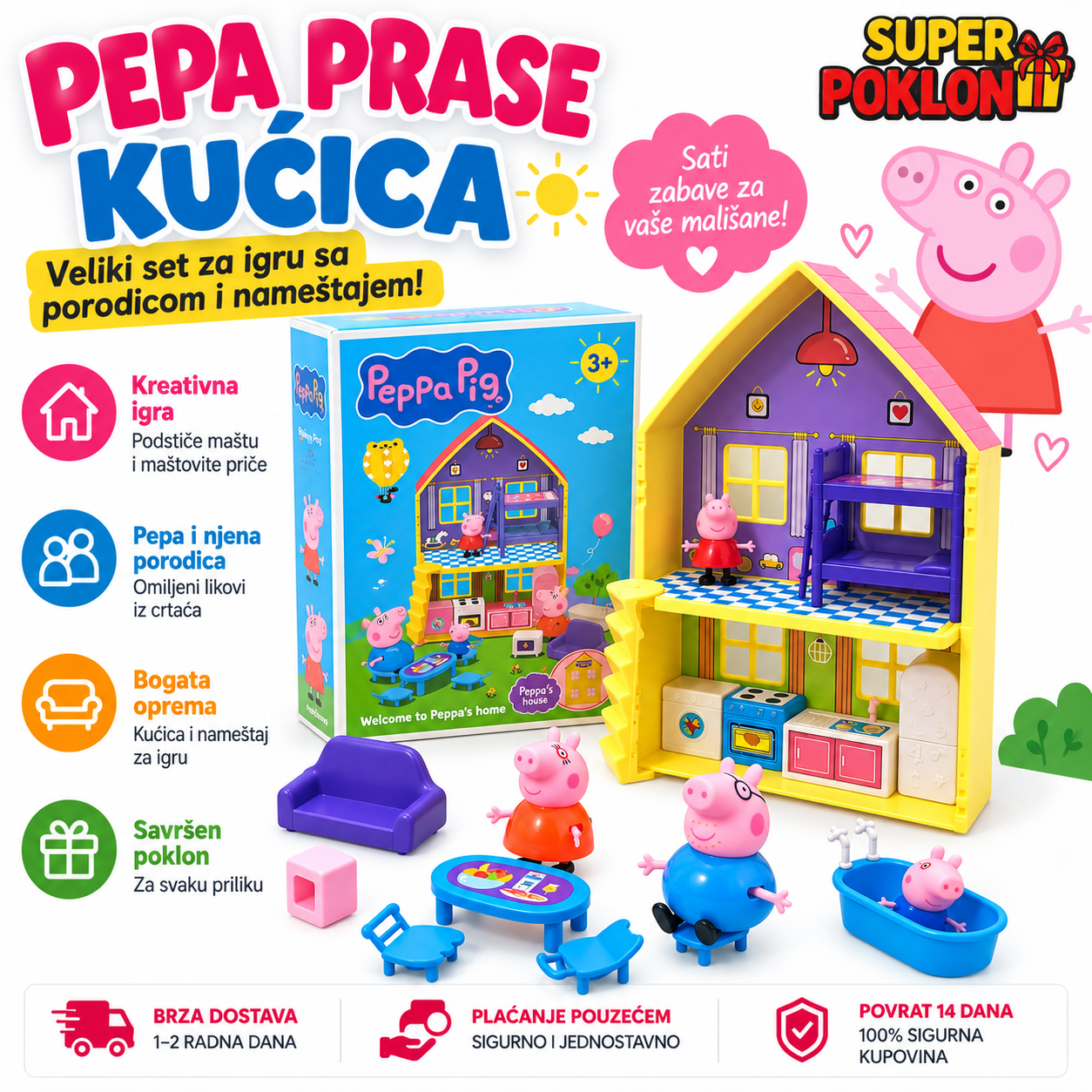 Pepa Prase Kućica – Veliki Set sa Porodicom i Nameštajem za decu 3+