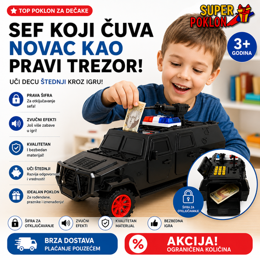 Sef za Novac 2u1 – Kasica sa Šifrom i Policijski Džip🚓