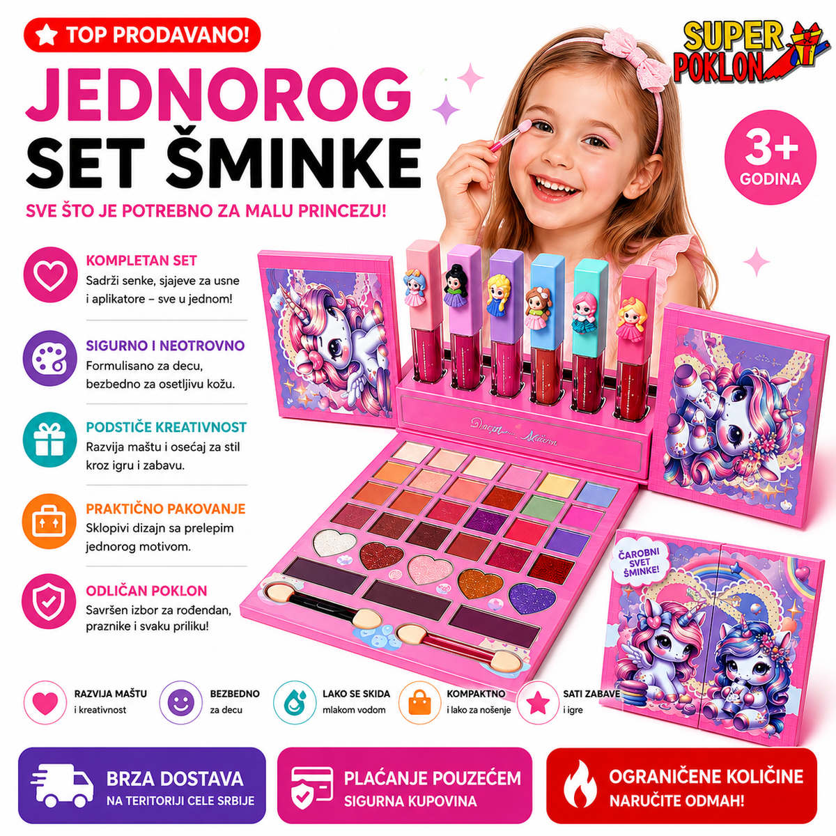 Jednorog Set–Dečija Šminka sa Sjajevima i Karminima 🦄💄✨