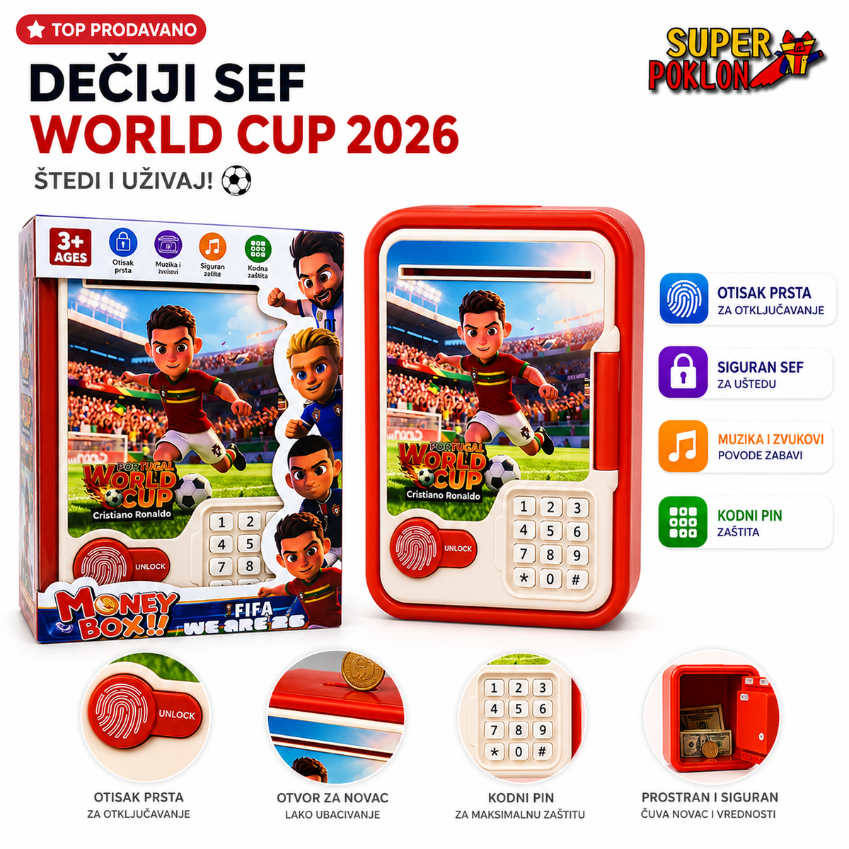 Dečiji Sef Kasica World Cup 2026 – Ronaldo, Messi ili Mbappé