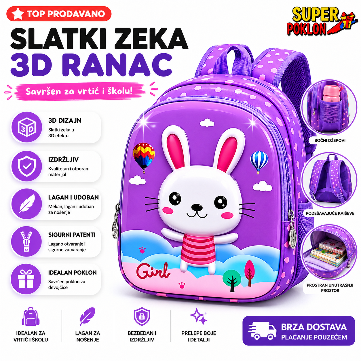 Zeko 3D Ranac za Devojčice –  Za Vrtić i Izlete